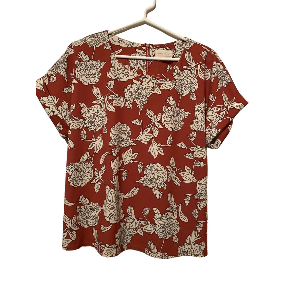 Mellowday Womens Blouse Multicolor Floral Short Cuff Sleeve Scoop Neck Stretch M